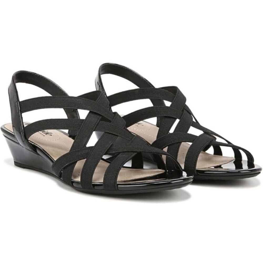LifeStride Womens Yung Black Stretch Patent Slingback Sandals Shoes NWOB Sz 6